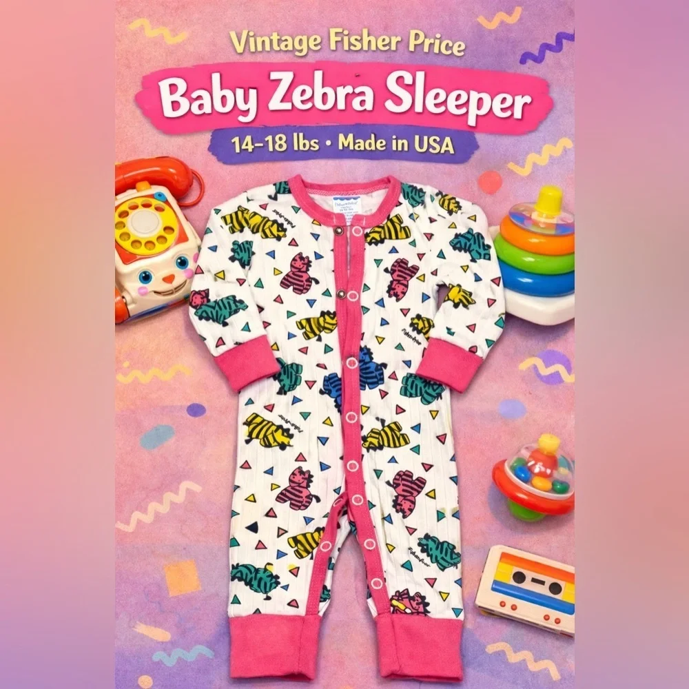 Vintage Fisher Price Baby Zebra Print Footless Sleeper Pajamas 14-18 lbs USA